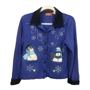 Onque Casuals Button Down Christmas Snowman Embroidered Cardigan Size Small WA1